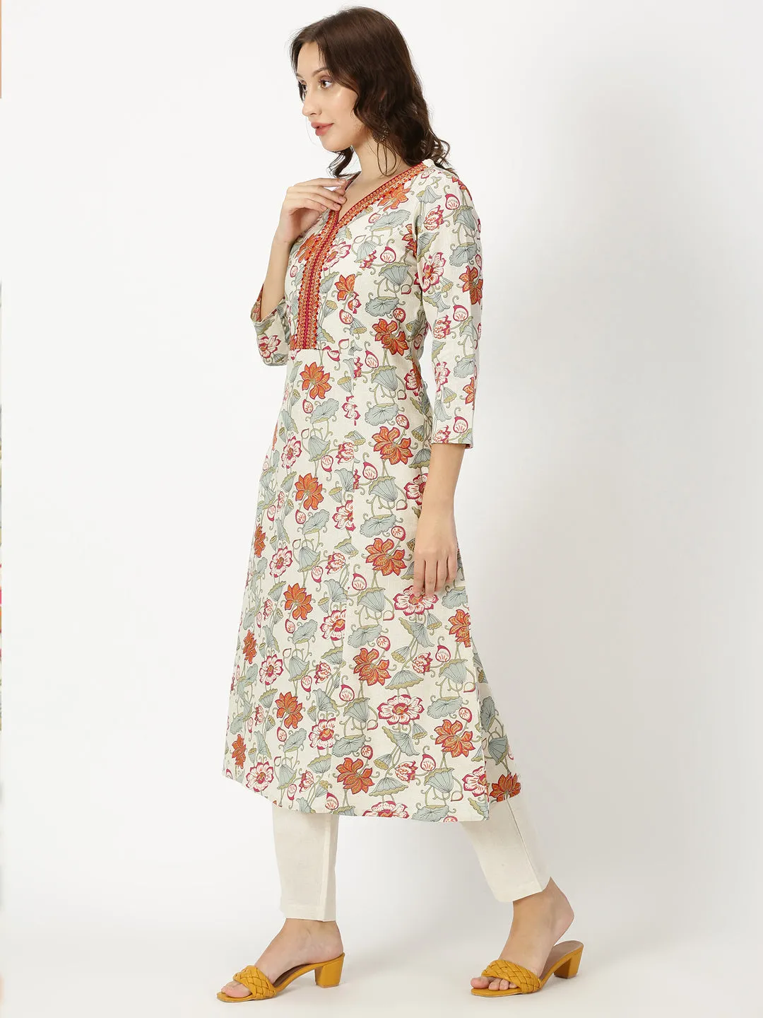 Natural-Orange Floral Print Kurta with Neck Embroidery