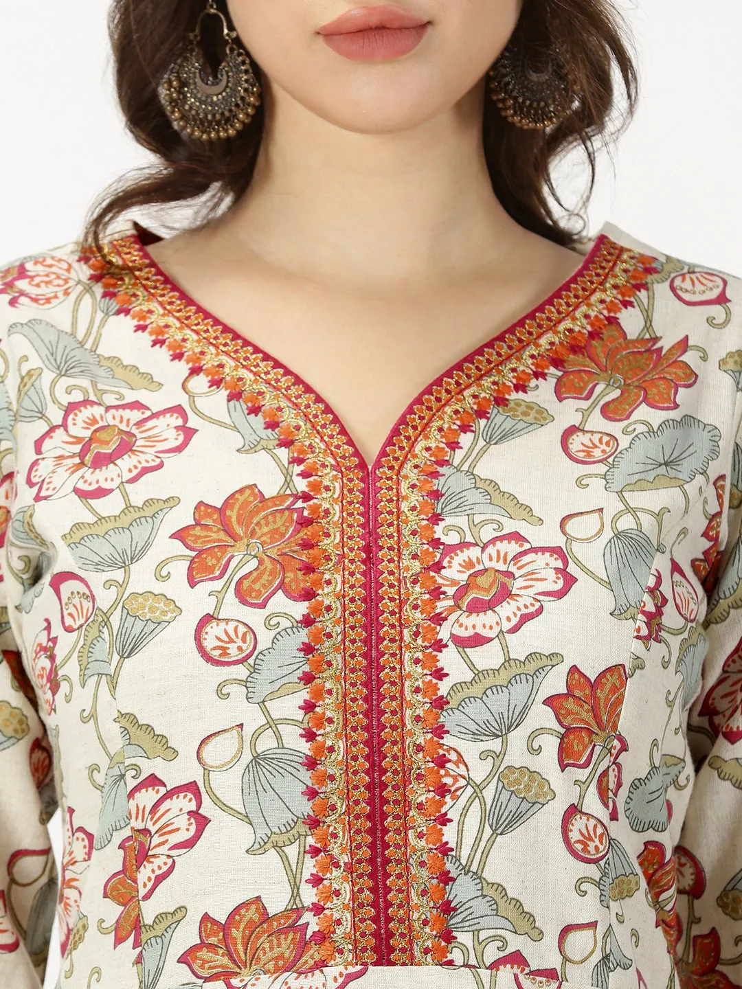 Natural-Orange Floral Print Kurta with Neck Embroidery