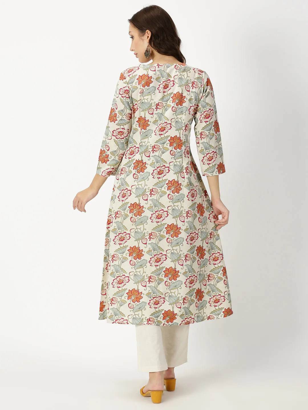 Natural-Orange Floral Print Kurta with Neck Embroidery