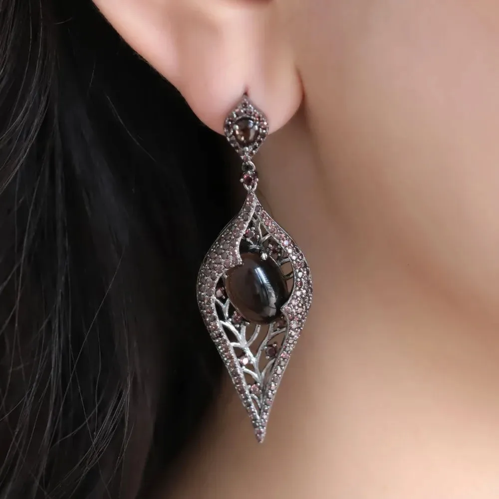 Natural Smoky Quartz Long Drop Earrings 925 Sterling Silver Vintage Gothic Jewelry