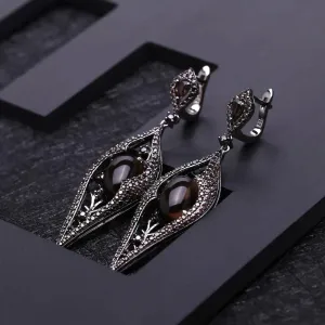 Natural Smoky Quartz Long Drop Earrings 925 Sterling Silver Vintage Gothic Jewelry