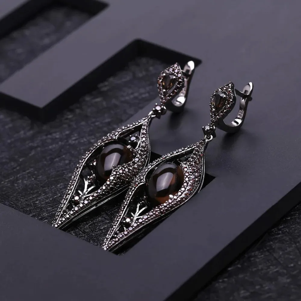Natural Smoky Quartz Long Drop Earrings 925 Sterling Silver Vintage Gothic Jewelry