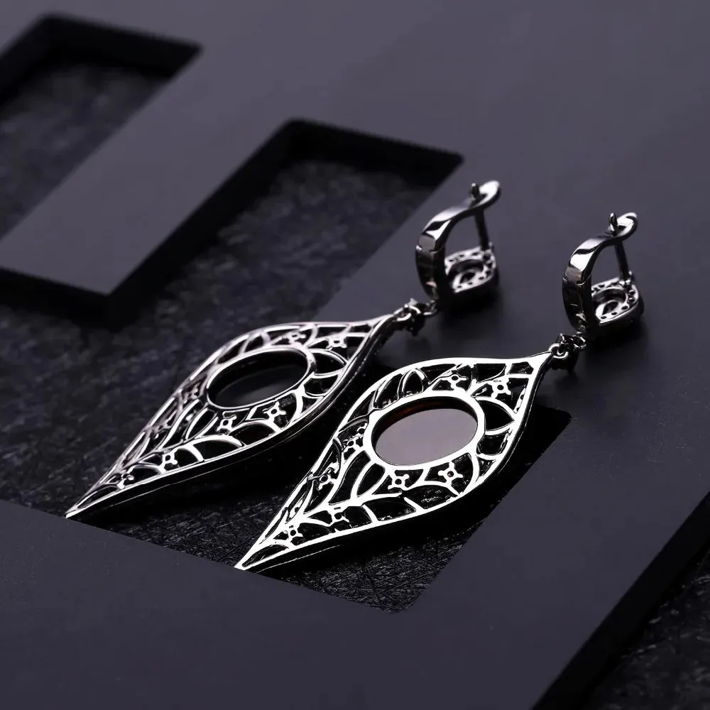 Natural Smoky Quartz Long Drop Earrings 925 Sterling Silver Vintage Gothic Jewelry