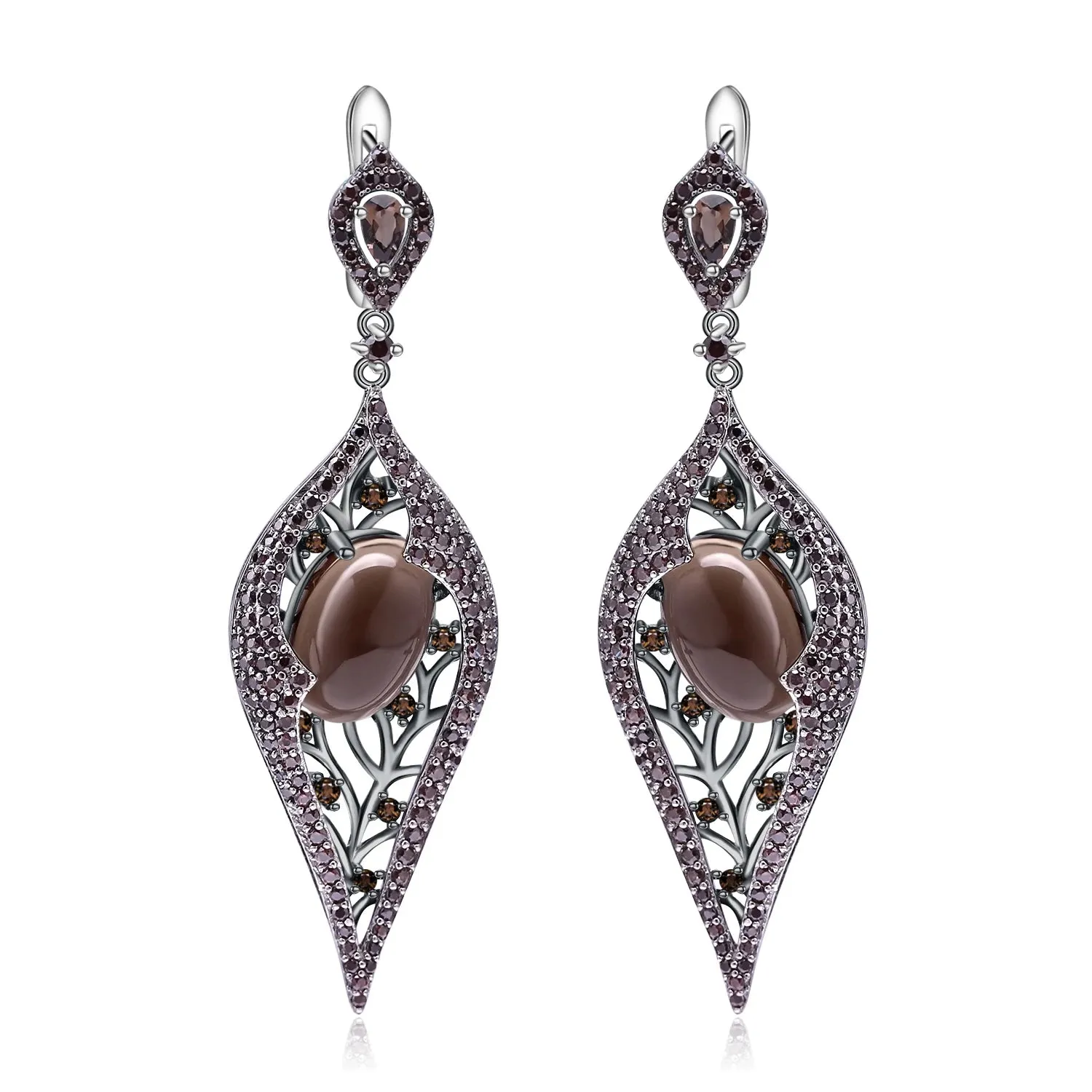 Natural Smoky Quartz Long Drop Earrings 925 Sterling Silver Vintage Gothic Jewelry