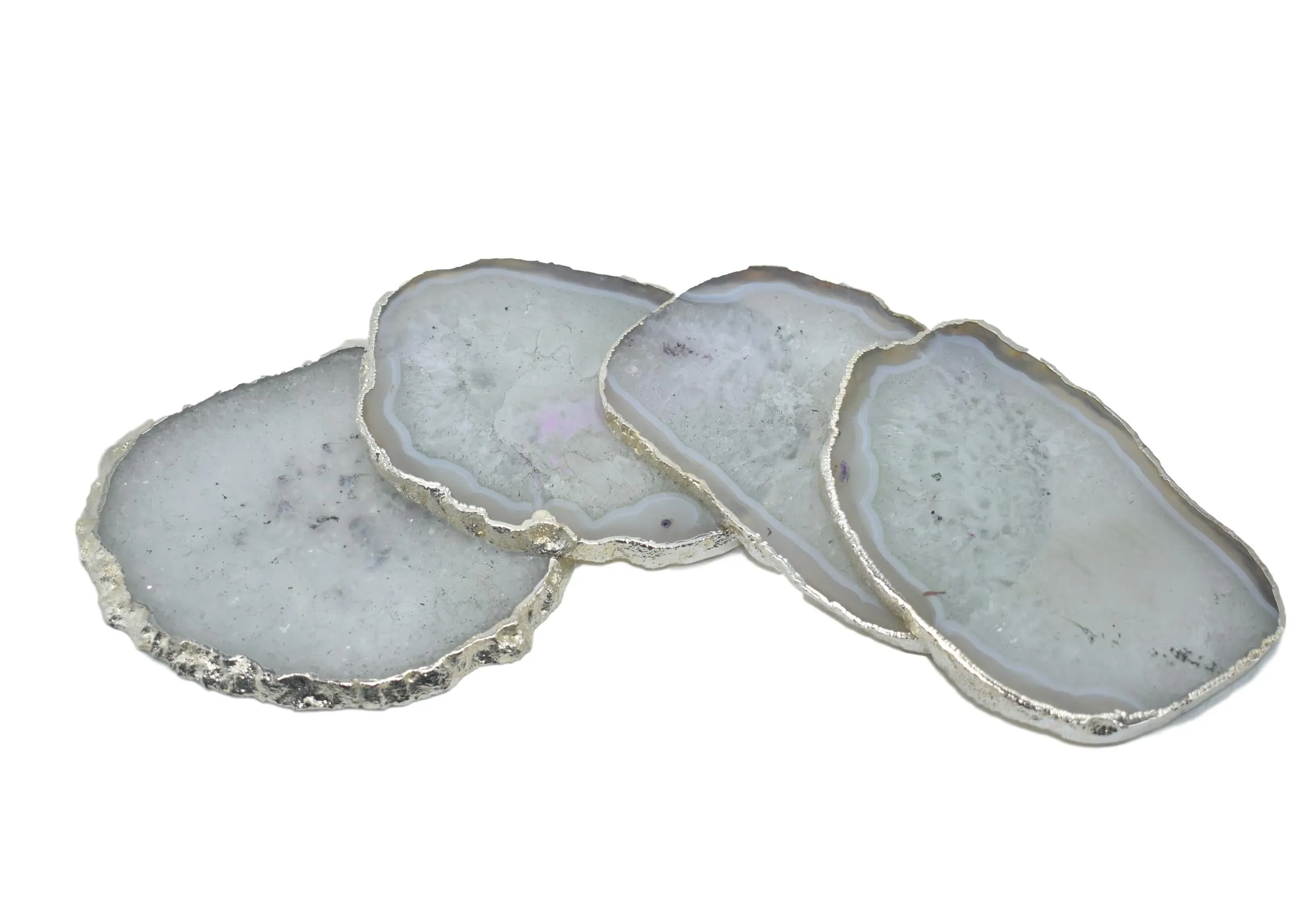 Natural White Agate Gnarled Coasters with Silver Trim, Set of 4
