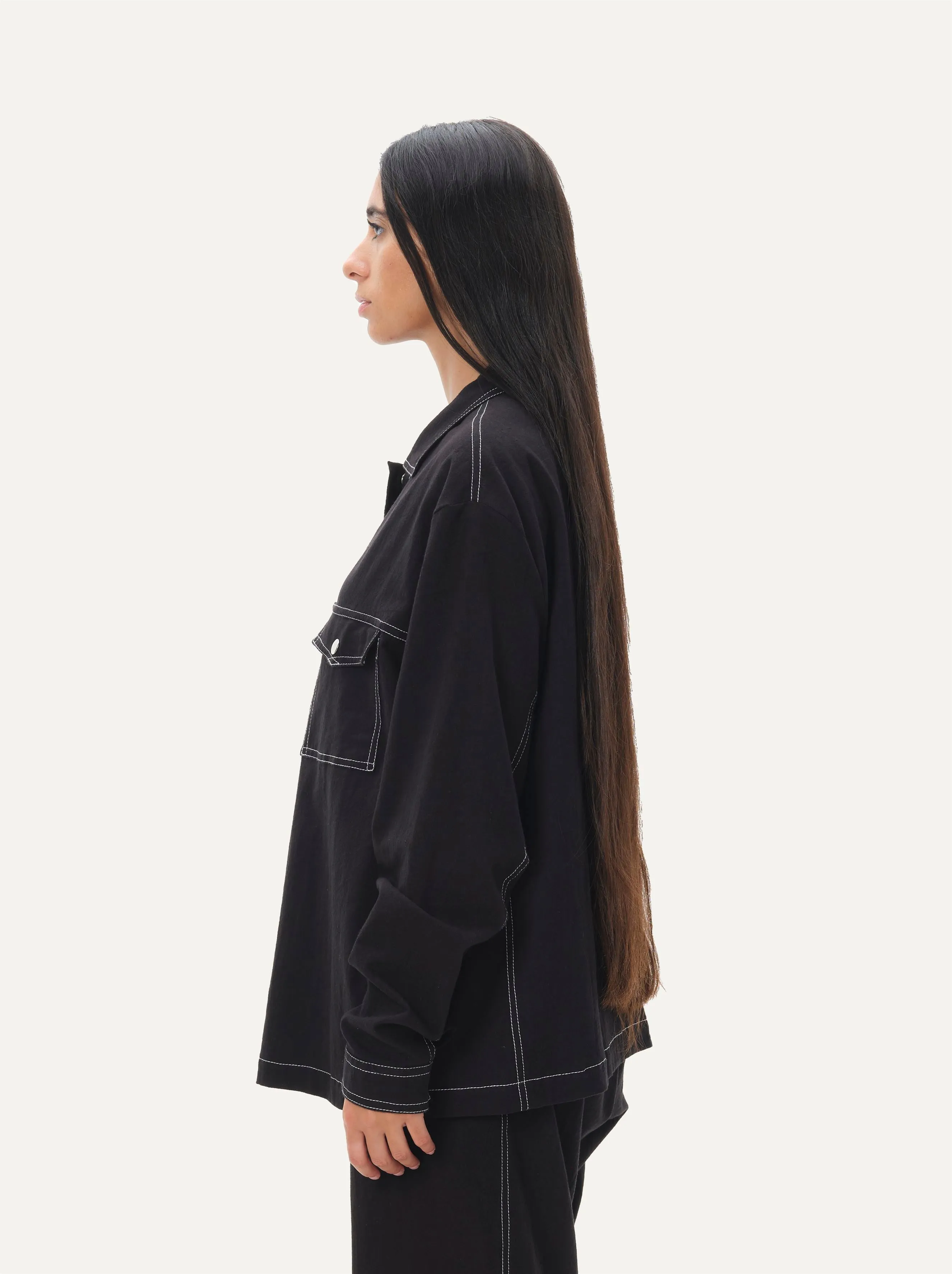 Naushad Ali   I   Chalkline shirt Signature Spring Summer 2025 Black Crushed cotton NA SS24 W36T