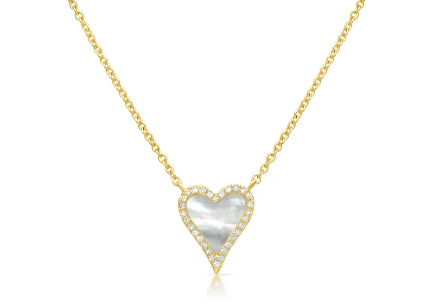 Necklace 14kt Gold Mother of Pearl Heart and Diamond