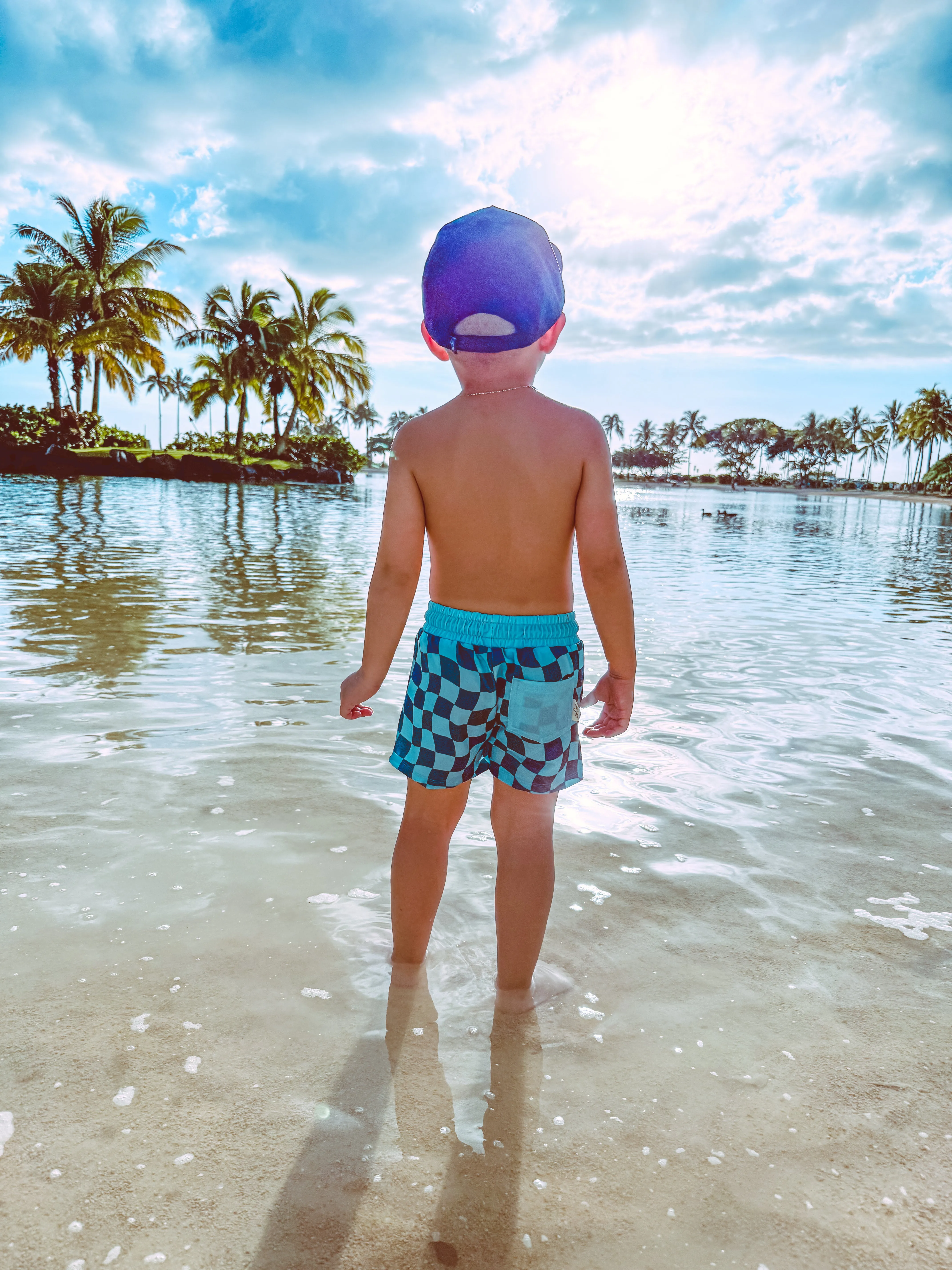 NEW! Blue Wavy Checks Hybrid Swim