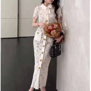 New Boutique Designer Fashion Summer Dress For Women Vintage Elegant Sexy Lace Hollow Out Single Breasted Party Cocktail Long Dress