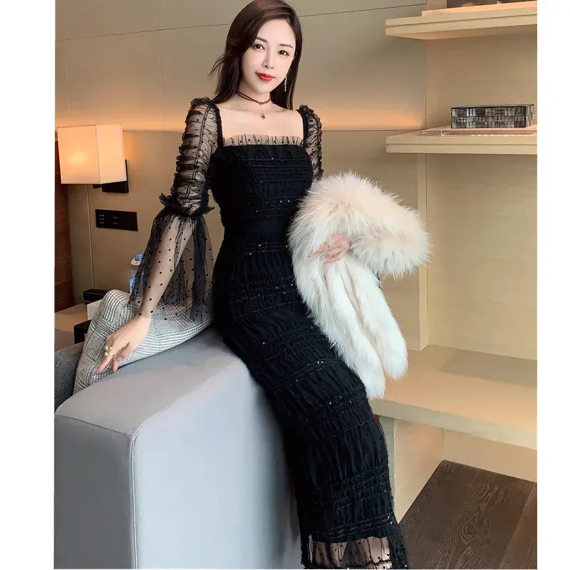 New Boutique Designer Mesh Stretch Lace Dress for Women Flare Long Sleeve Elegant Party Wedding Guest Prom Dress
