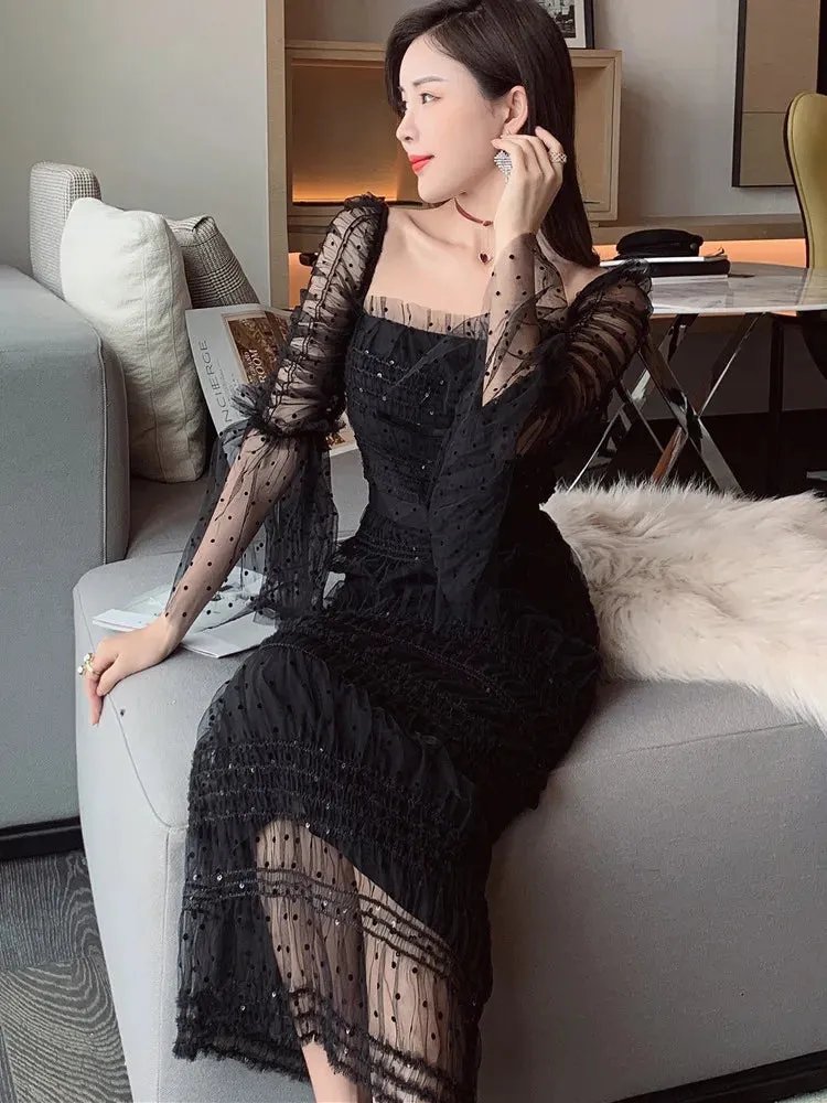 New Boutique Designer Mesh Stretch Lace Dress for Women Flare Long Sleeve Elegant Party Wedding Guest Prom Dress