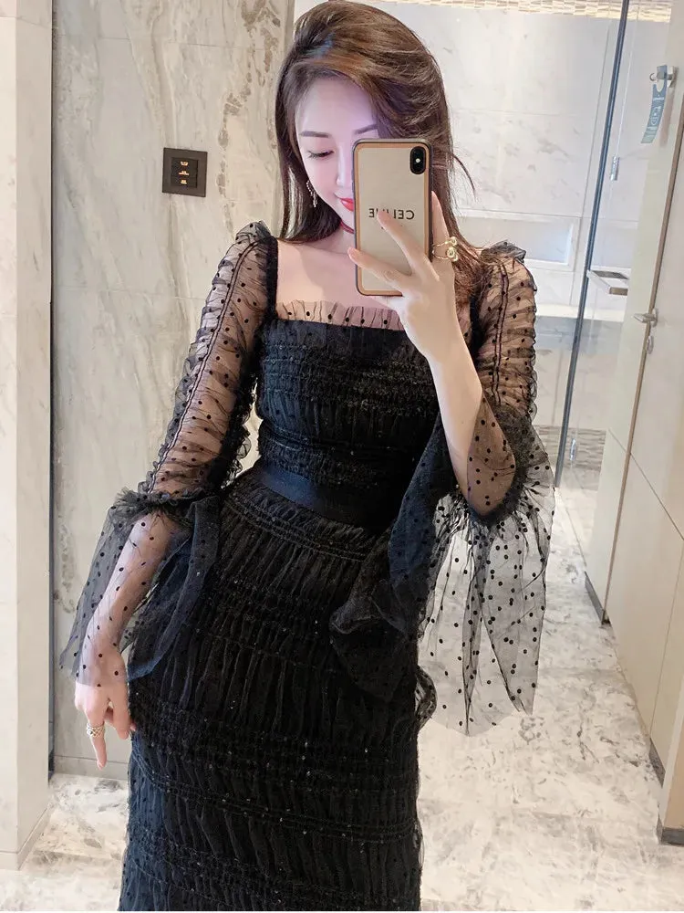 New Boutique Designer Mesh Stretch Lace Dress for Women Flare Long Sleeve Elegant Party Wedding Guest Prom Dress