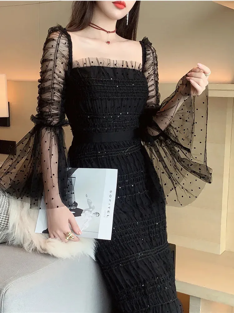New Boutique Designer Mesh Stretch Lace Dress for Women Flare Long Sleeve Elegant Party Wedding Guest Prom Dress
