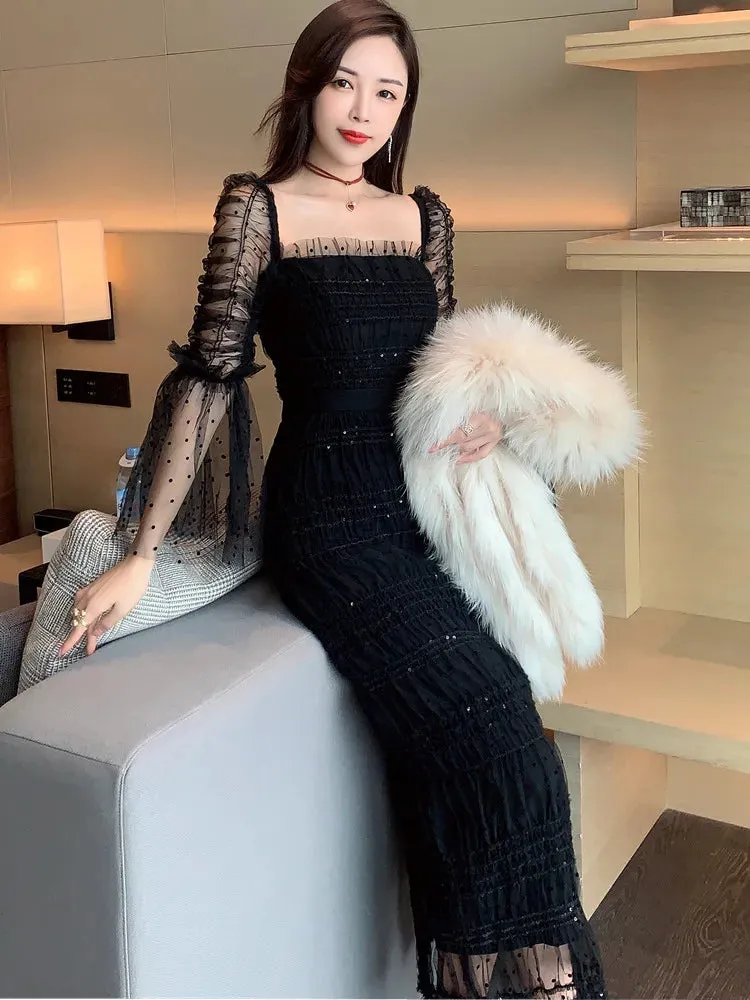 New Boutique Designer Mesh Stretch Lace Dress for Women Flare Long Sleeve Elegant Party Wedding Guest Prom Dress