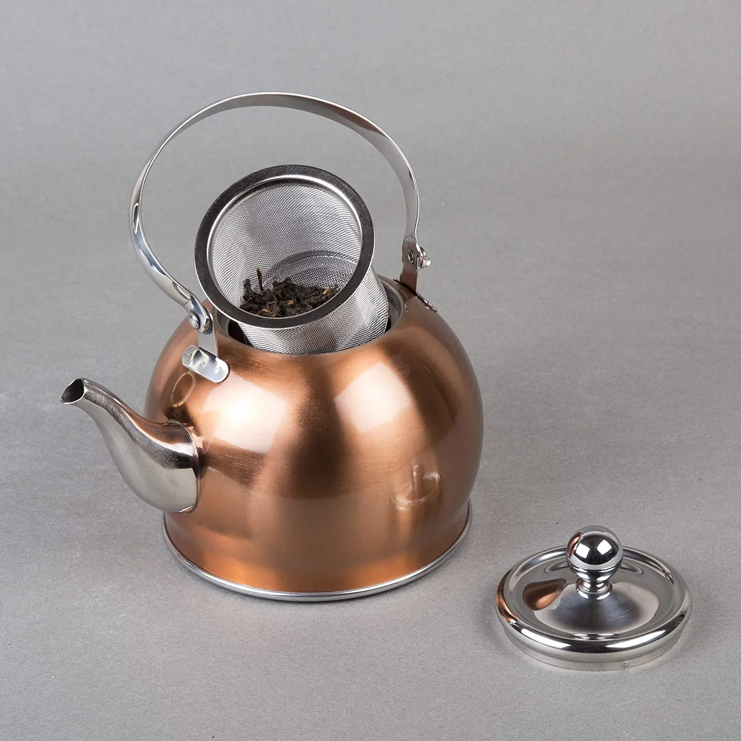New Creative Home Royal Stainless Steel Tea Kettle with Folding Handle, Removable Infuser Basket Aluminum Capsulated Bottom for Even Heat Distribution, 1.0 Quart, Copper Finish