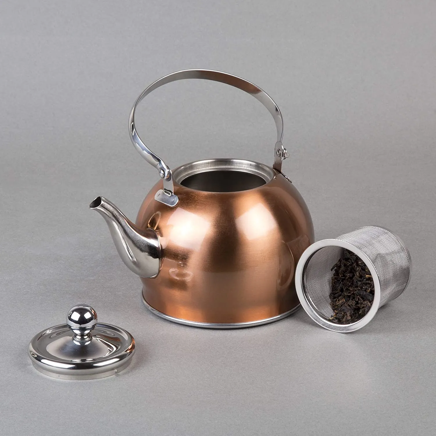 New Creative Home Royal Stainless Steel Tea Kettle with Folding Handle, Removable Infuser Basket Aluminum Capsulated Bottom for Even Heat Distribution, 1.0 Quart, Copper Finish
