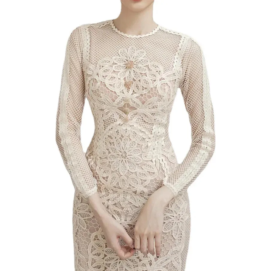 New Fashion Flower Embroidered Lace Prom Dress Long Sleeve Diamond Beads Sheath Bodycon Wedding Party Dress