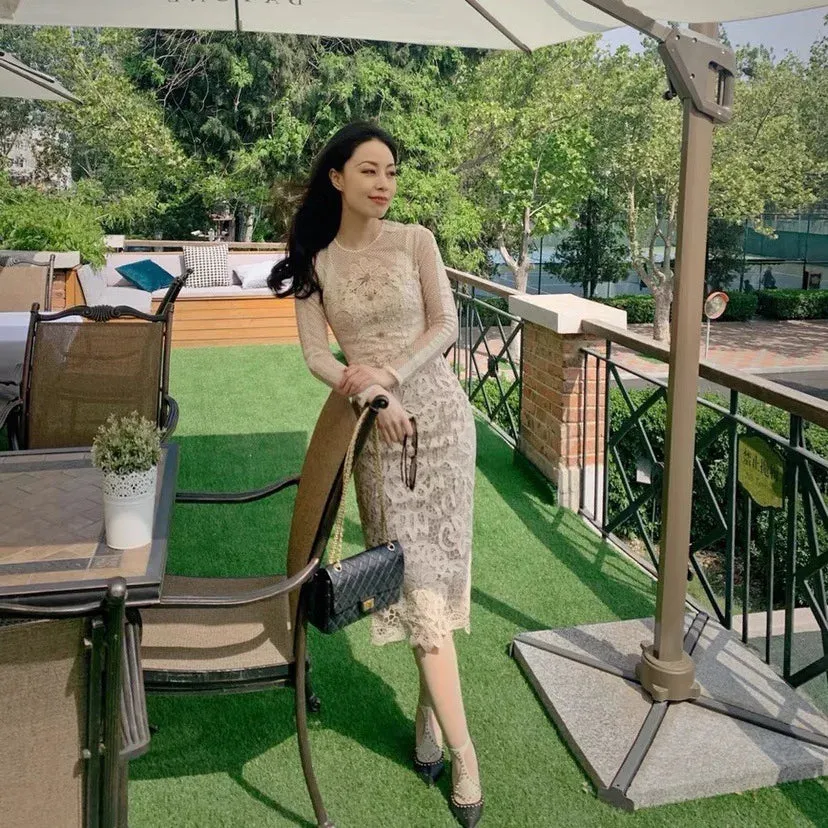 New Fashion Flower Embroidered Lace Prom Dress Long Sleeve Diamond Beads Sheath Bodycon Wedding Party Dress