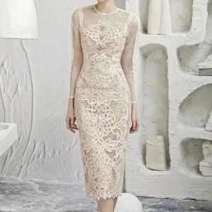 New Fashion Flower Embroidered Lace Prom Dress Long Sleeve Diamond Beads Sheath Bodycon Wedding Party Dress