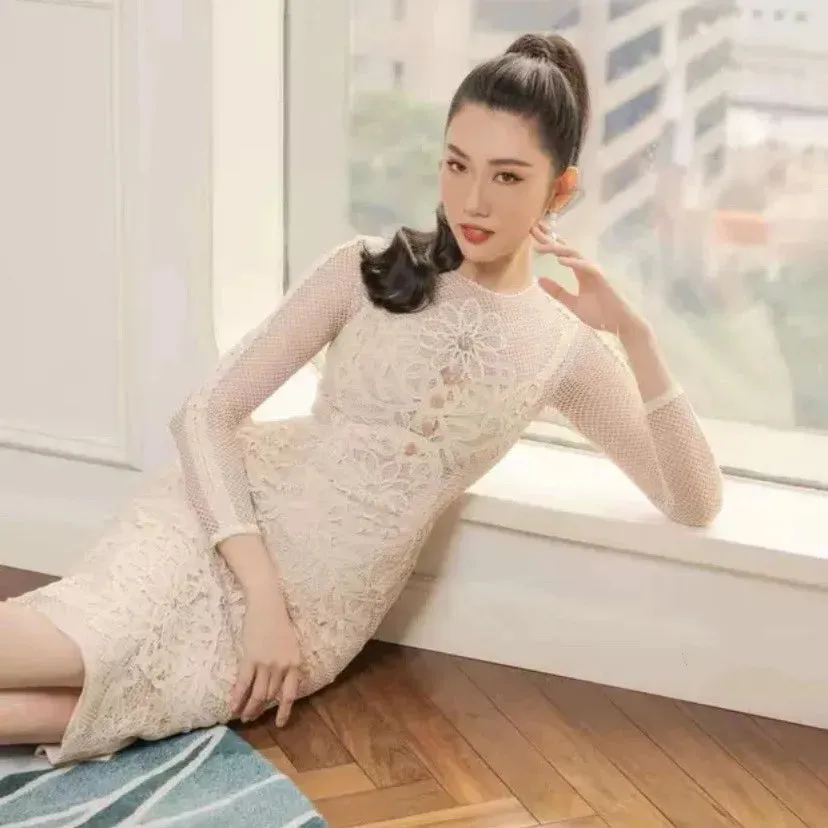 New Fashion Flower Embroidered Lace Prom Dress Long Sleeve Diamond Beads Sheath Bodycon Wedding Party Dress