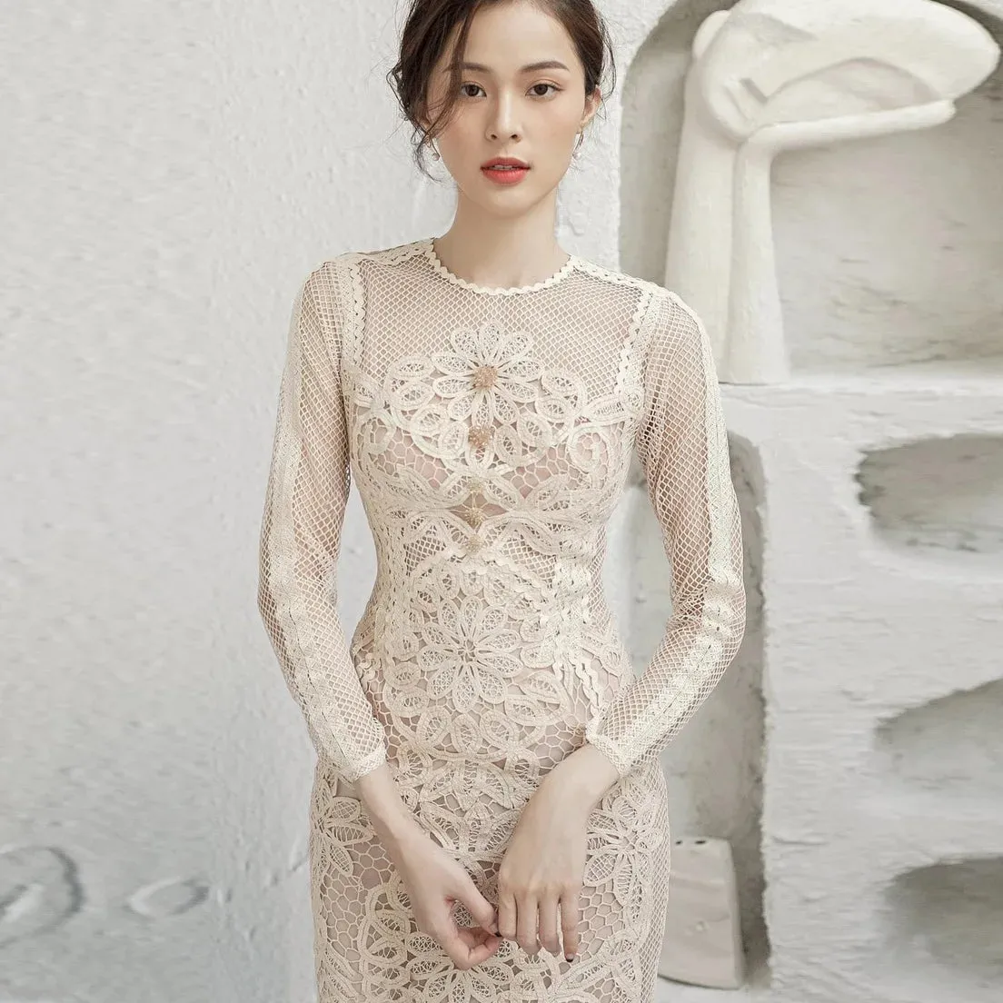 New Fashion Flower Embroidered Lace Prom Dress Long Sleeve Diamond Beads Sheath Bodycon Wedding Party Dress