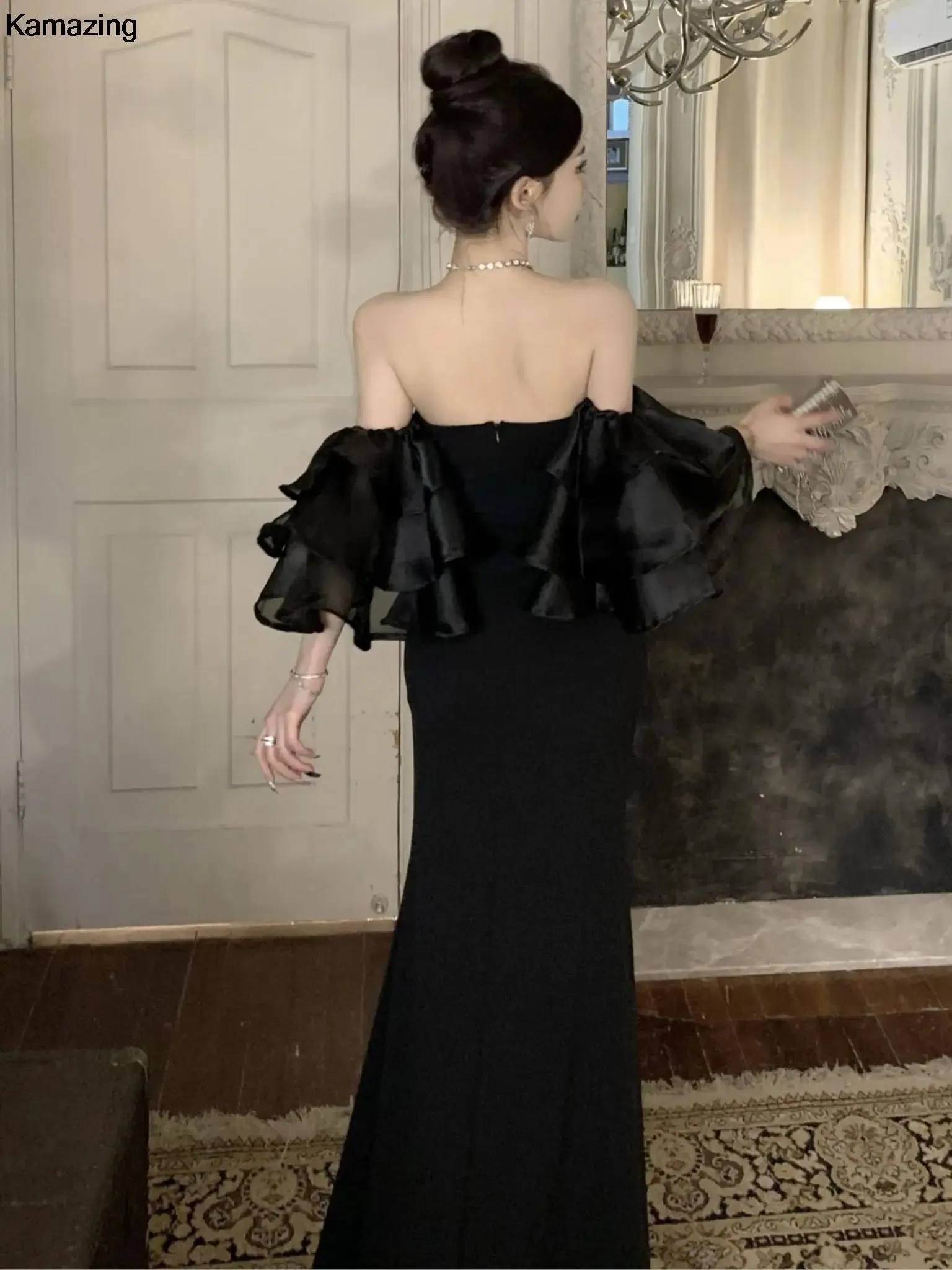 New Fashion Sexy Black Wedding Party Prom Dresses Elegant Slim Waist Side Split Spring Summer Off Shoulder Dress