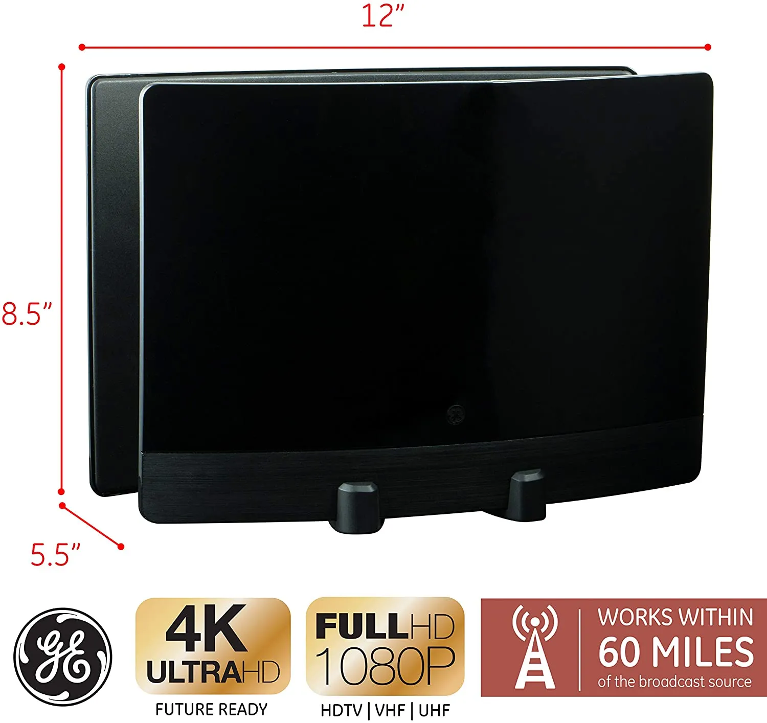New GE UltraPro Optima Black Indoor HDTV Antenna, Digital, Long Range Antenna, 60 Mile Range, Smart TV Compatible, 4K 1080P VHF UHF, 10ft Coaxial Cable!