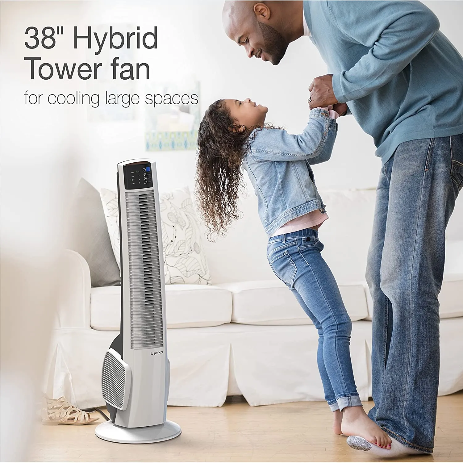 New in box! Lasko T38400 Electric Oscillating Hybrid Tower Fan with Timer and Remote Control for Indoor, Bedroom and Home Office Use, 38 Inch, White Black