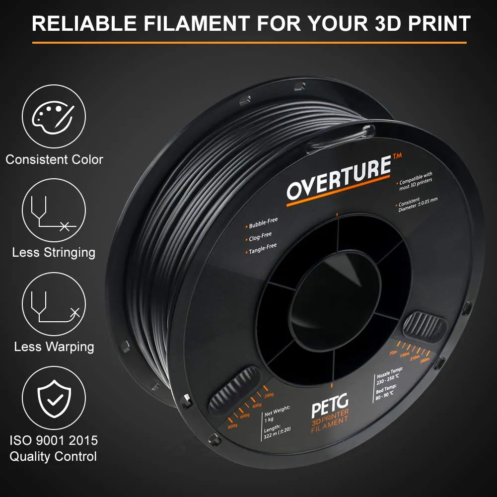 New in box! OVERTURE PETG Filament 2.85mm with 3D Build Surface 200 x 200 mm 3D Printer Consumables, 1kg Spool (2.2lbs), Dimensional Accuracy  /- 0.05 mm, Fit Most FDM Printer (Black)
