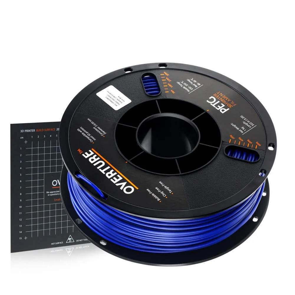 New in box! OVERTURE PETG Filament 2.85mm with 3D Build Surface 200 x 200 mm 3D Printer Consumables, 1kg Spool (2.2lbs), Dimensional Accuracy  /- 0.05 mm, Fit Most FDM Printer (Blue)