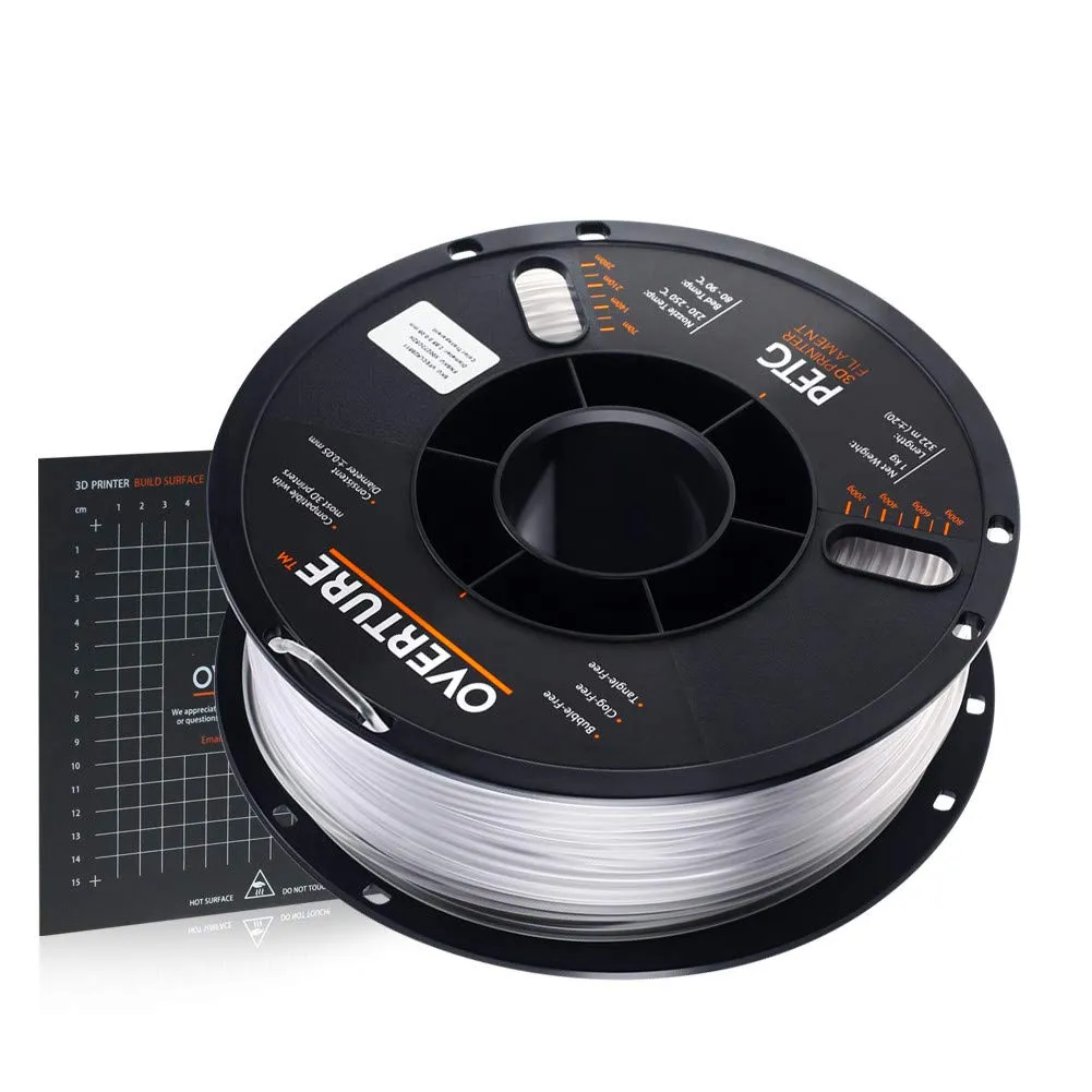 New in box! OVERTURE PETG Filament 2.85mm with 3D Build Surface 200 x 200 mm 3D Printer Consumables, 1kg Spool (2.2lbs), Dimensional Accuracy  /- 0.05 mm, Fit Most FDM Printer (Transparent)