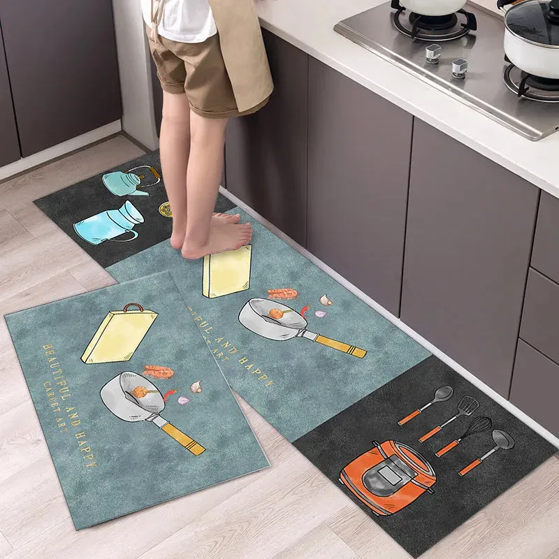 New Kitchen Floor Mat Tableware Pattern Entrance Doormat Bathroom Door Floormat Parlor Anti-slip Antifouling Long Rug