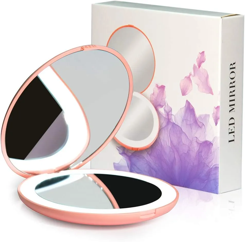 NEW LED Travel Makeup Mirror, 3.5-inch Lighted Compact Mirror, 10X Magnification, Handheld, Double Sided, Portable Folding Mirror for Pocket, Purse, Gift, Pink, Round, Pink