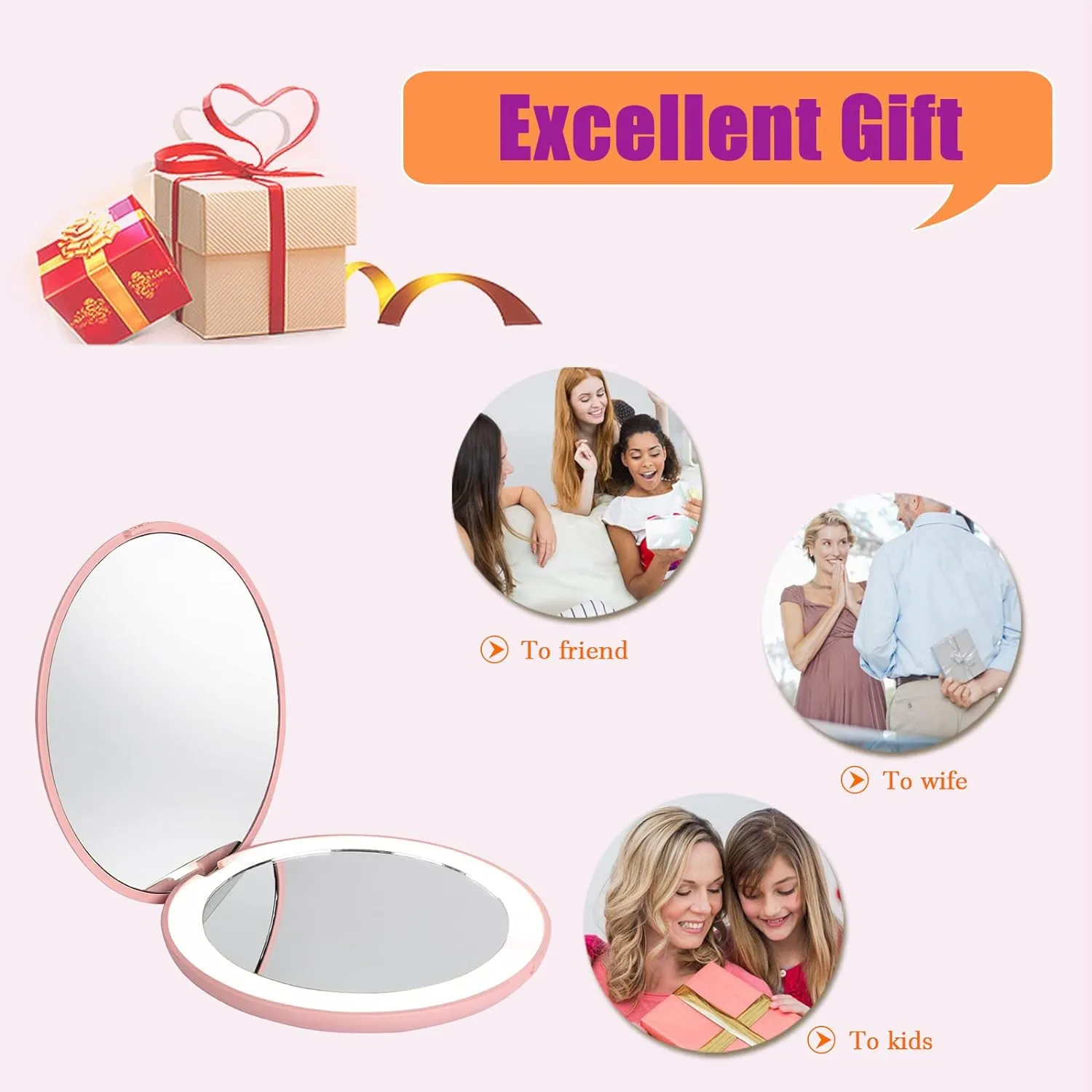 NEW LED Travel Makeup Mirror, 3.5-inch Lighted Compact Mirror, 10X Magnification, Handheld, Double Sided, Portable Folding Mirror for Pocket, Purse, Gift, Pink, Round, Pink
