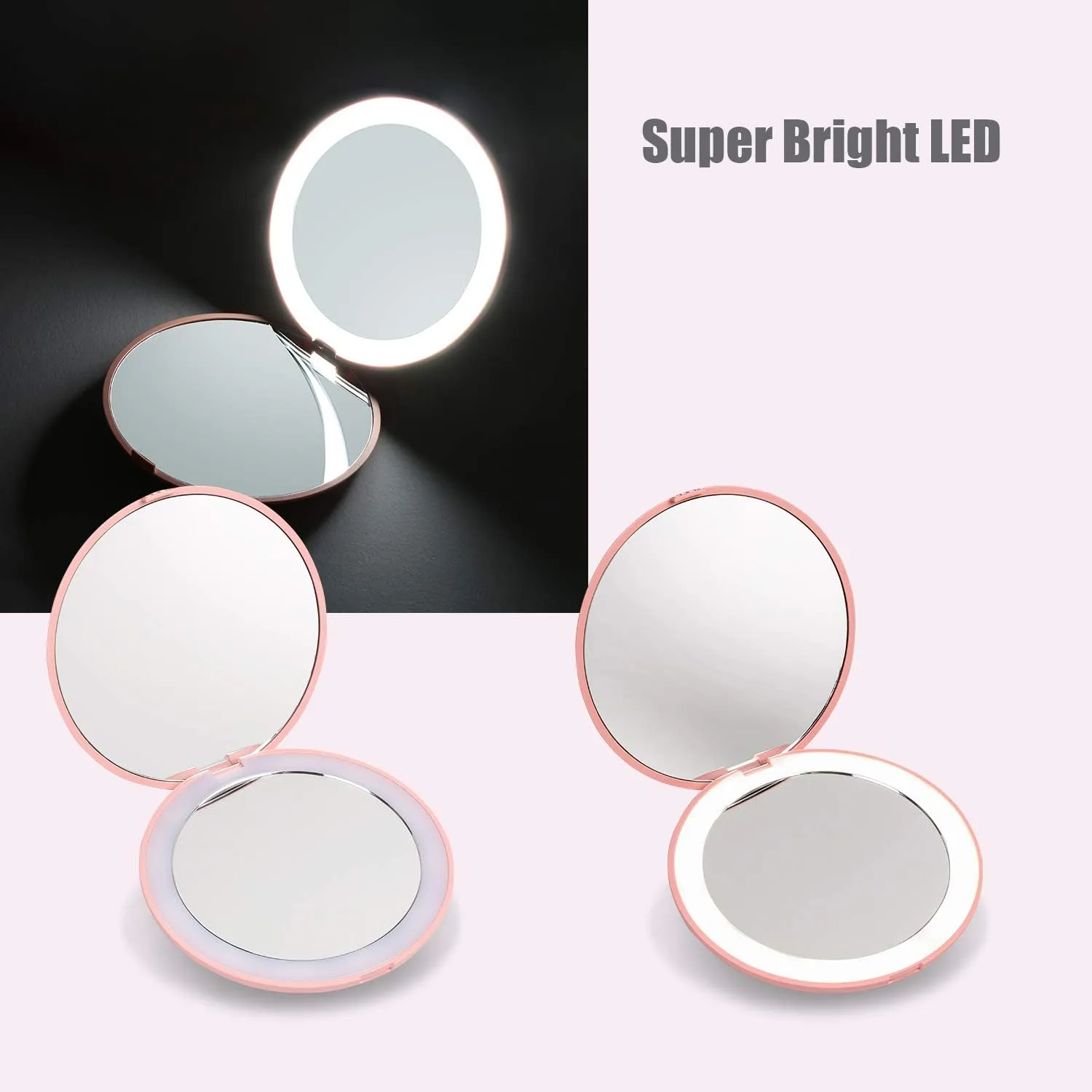 NEW LED Travel Makeup Mirror, 3.5-inch Lighted Compact Mirror, 10X Magnification, Handheld, Double Sided, Portable Folding Mirror for Pocket, Purse, Gift, Pink, Round, Pink
