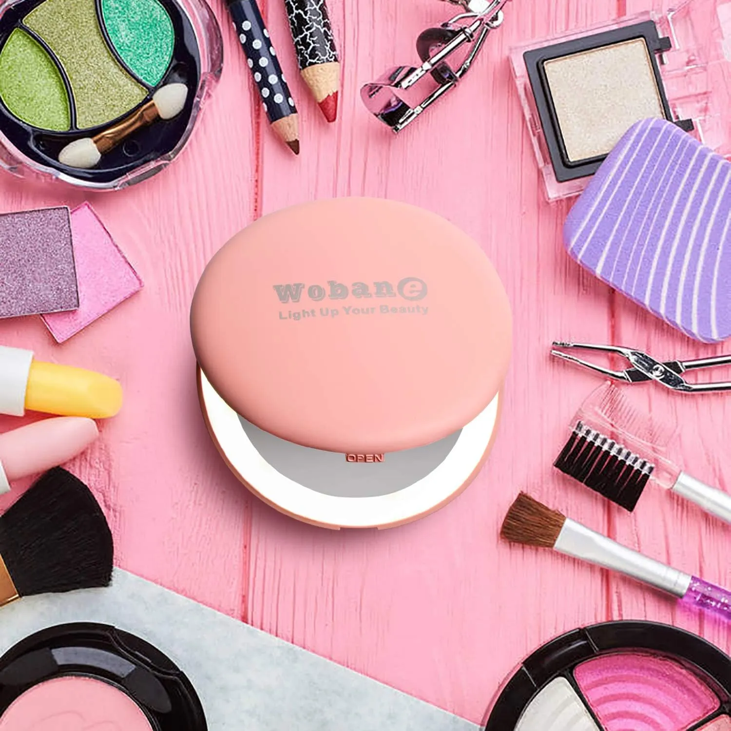 NEW LED Travel Makeup Mirror, 3.5-inch Lighted Compact Mirror, 10X Magnification, Handheld, Double Sided, Portable Folding Mirror for Pocket, Purse, Gift, Pink, Round, Pink