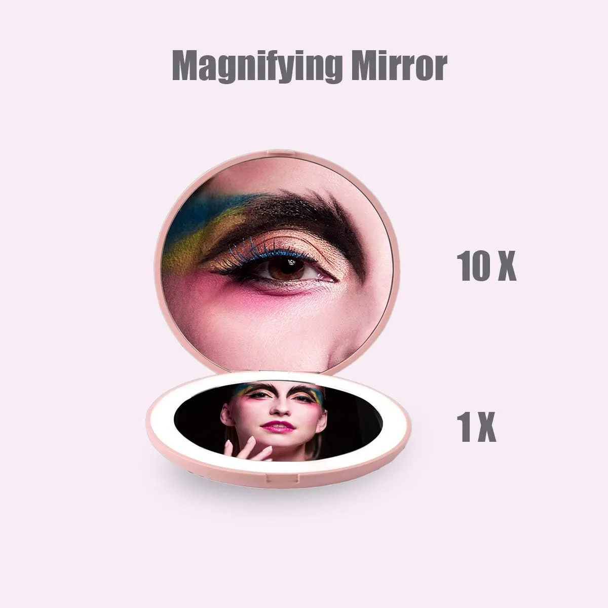 NEW LED Travel Makeup Mirror, 3.5-inch Lighted Compact Mirror, 10X Magnification, Handheld, Double Sided, Portable Folding Mirror for Pocket, Purse, Gift, Pink, Round, Pink