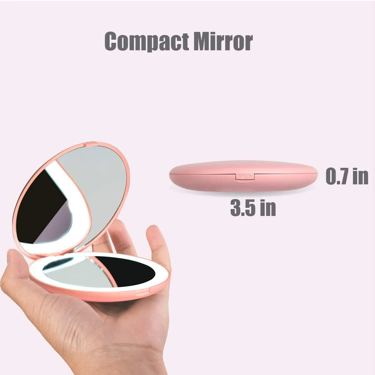NEW LED Travel Makeup Mirror, 3.5-inch Lighted Compact Mirror, 10X Magnification, Handheld, Double Sided, Portable Folding Mirror for Pocket, Purse, Gift, Pink, Round, Pink
