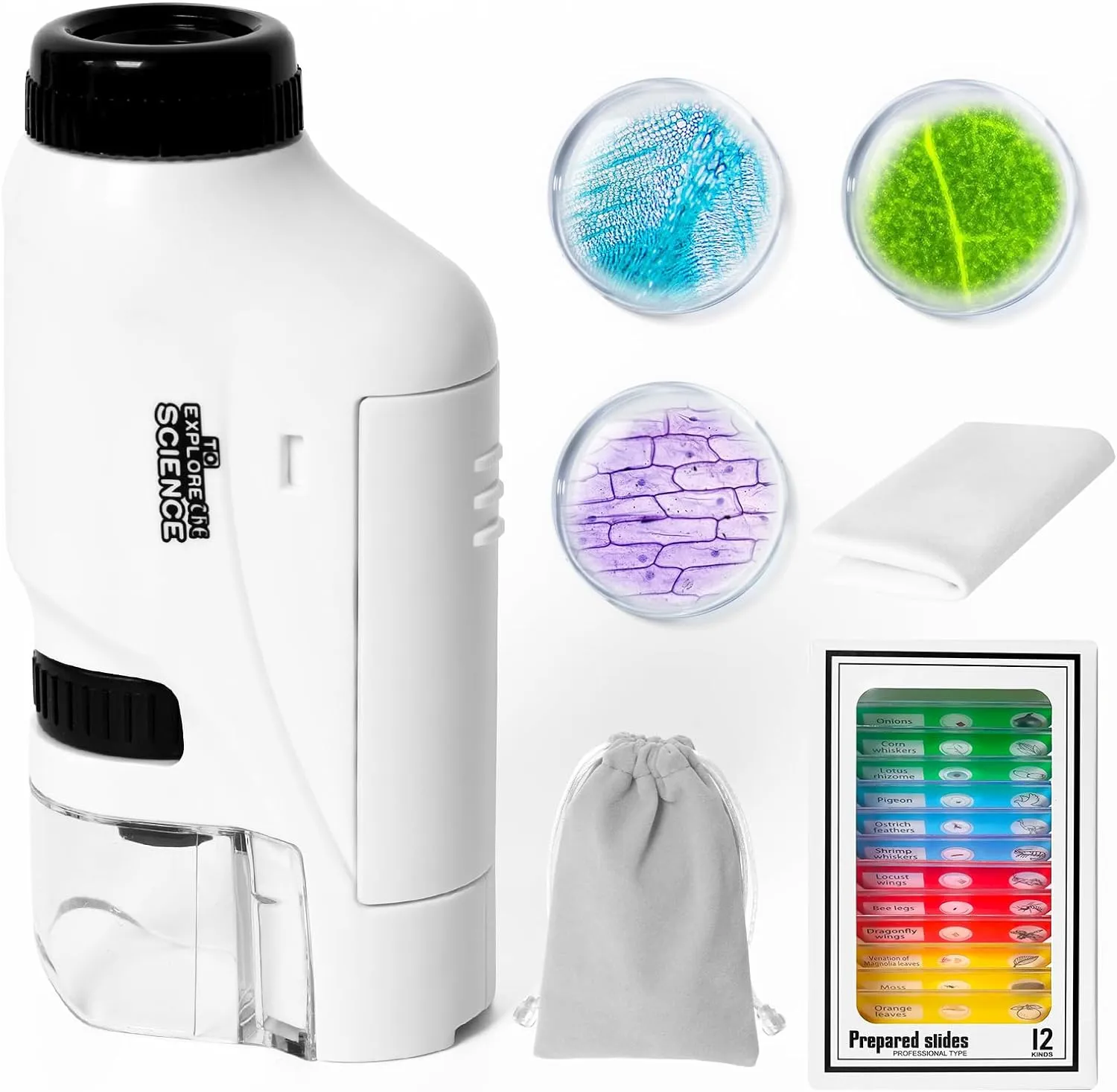 New Minilabsters Miniscope Kids, 60x-120x Pocket Microscope for Kids, with Led Lights, Portable Handheld Microscope for Children (White)