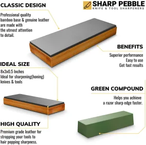 New Sharp Pebble Classic Leather Strop kit with Polishing Compound- Knife Stropping Block for Sharpening & Honing- Knives, Straight Razor, Woodcarving Chisels - with eBook