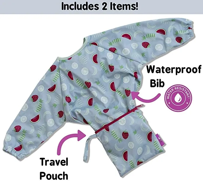 New Tidy Tot Cover & Catch Waterproof Bib attaches to highchair NO More Gaps ! Long Sleeve Coverall Baby weaning bib for BLW Baby led weaning, FRUITS! Retails $26 