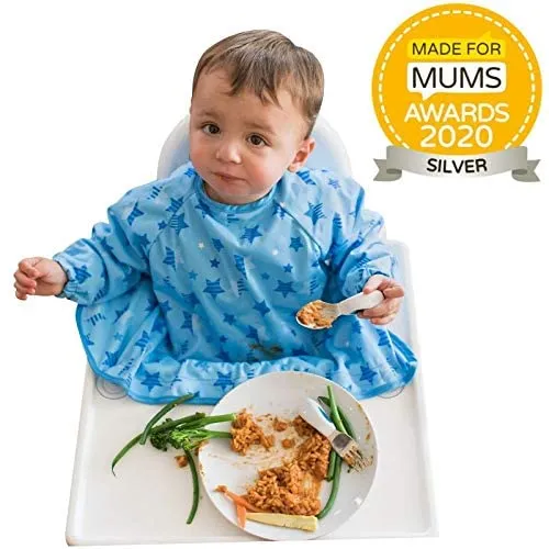 New Tidy Tot Cover & Catch Waterproof Bib attaches to highchair NO More Gaps! Long Sleeve Coverall Baby weaning bib for BLW Baby led weaning, STARS! Retails $26 