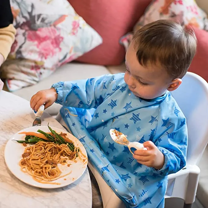 New Tidy Tot Cover & Catch Waterproof Bib attaches to highchair NO More Gaps! Long Sleeve Coverall Baby weaning bib for BLW Baby led weaning, STARS! Retails $26 