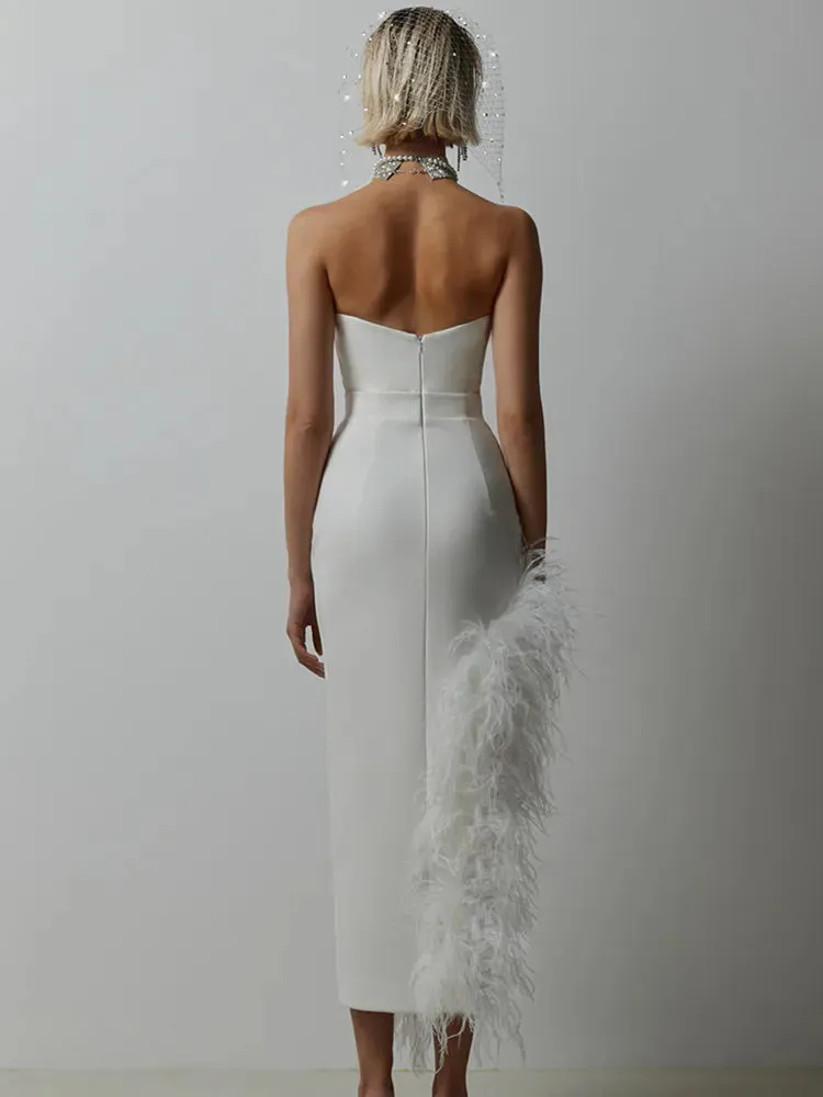 New Women's Sexy Strapless Black / White Feather Midi Bandage Dress with Split Knitted Elegant Evening Bodycon Wedding Party Prom Dress