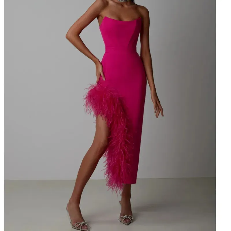 New Women's Sexy Strapless Black / White Feather Midi Bandage Dress with Split Knitted Elegant Evening Bodycon Wedding Party Prom Dress