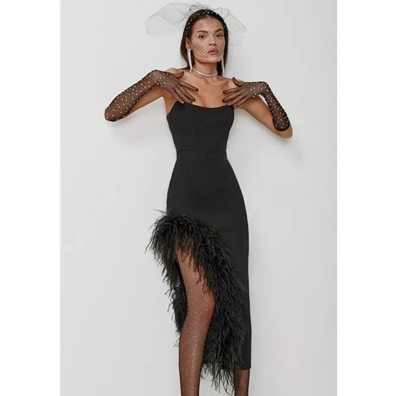 New Women's Sexy Strapless Black / White Feather Midi Bandage Dress with Split Knitted Elegant Evening Bodycon Wedding Party Prom Dress