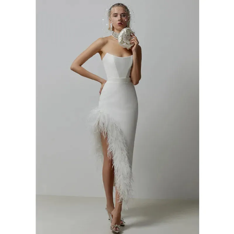 New Women's Sexy Strapless Black / White Feather Midi Bandage Dress with Split Knitted Elegant Evening Bodycon Wedding Party Prom Dress
