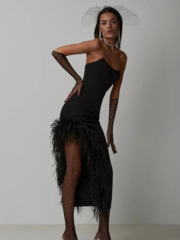 New Women's Sexy Strapless Black / White Feather Midi Bandage Dress with Split Knitted Elegant Evening Bodycon Wedding Party Prom Dress