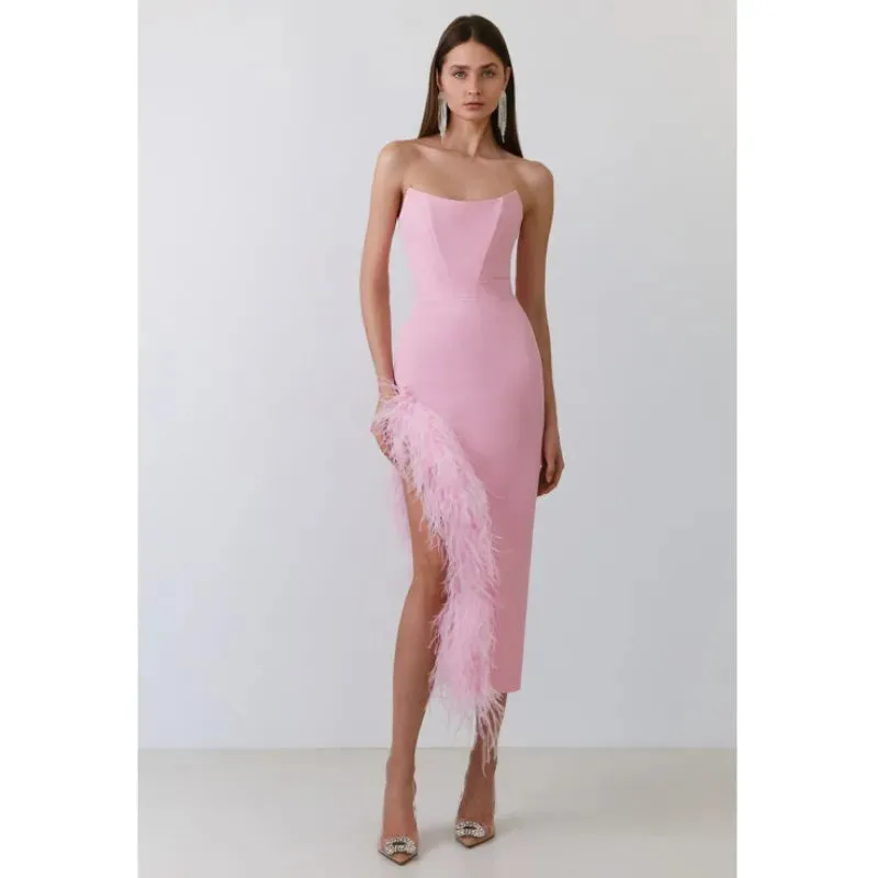 New Women's Sexy Strapless Black / White Feather Midi Bandage Dress with Split Knitted Elegant Evening Bodycon Wedding Party Prom Dress