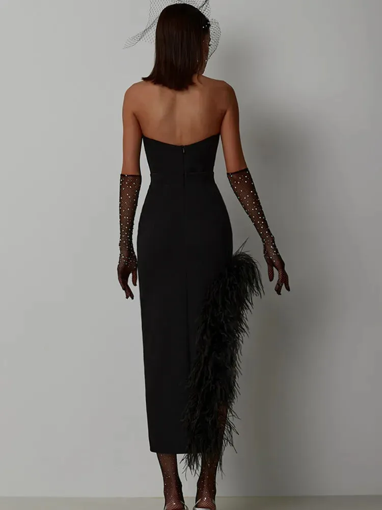 New Women's Sexy Strapless Black / White Feather Midi Bandage Dress with Split Knitted Elegant Evening Bodycon Wedding Party Prom Dress